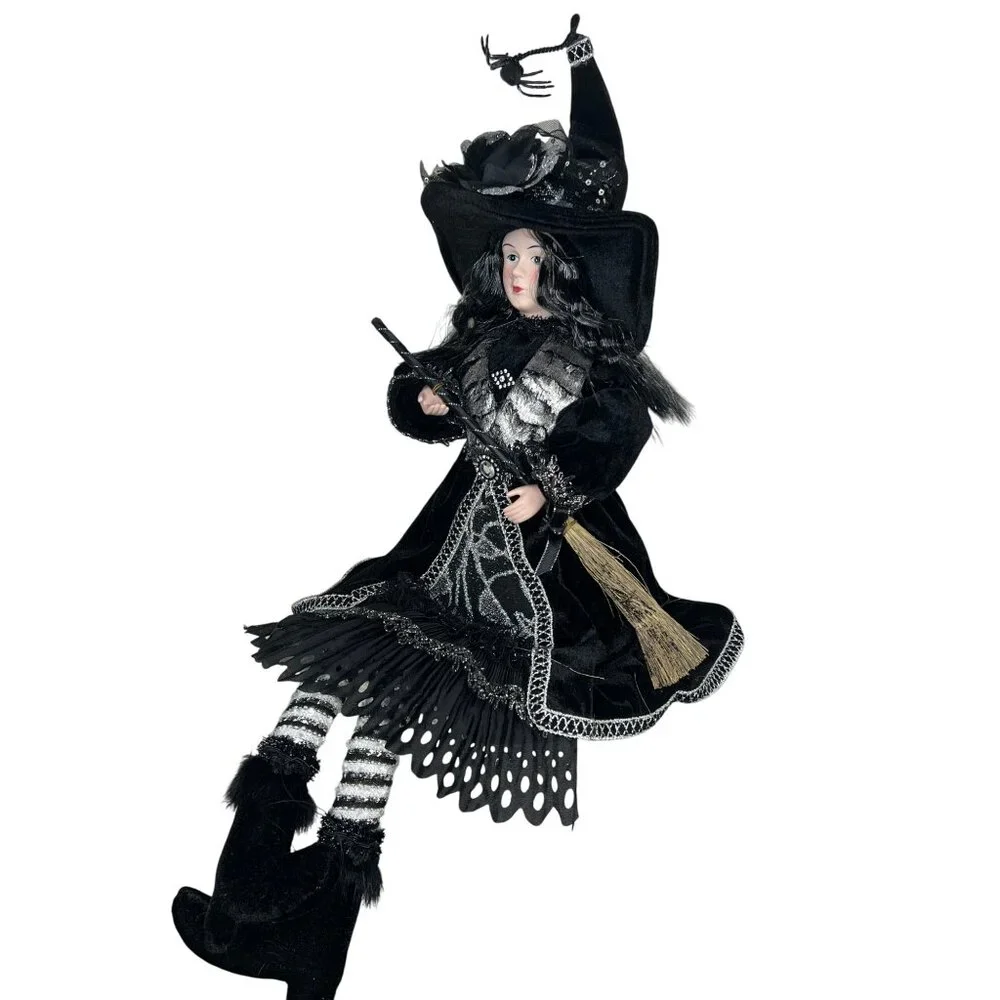 Porcelain Witch Doll Black Silver Velvet Dress Broomstick Halloween Collectible